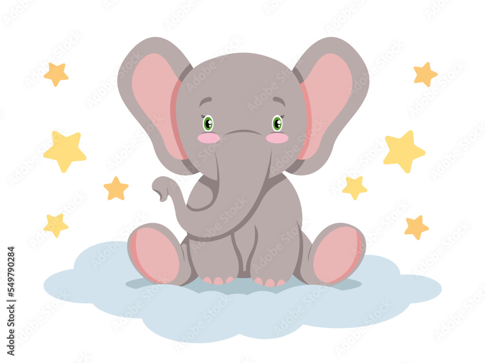 Fototapeta premium Cute elephant sitting on cloud with stars, cartoon illustration for kids.