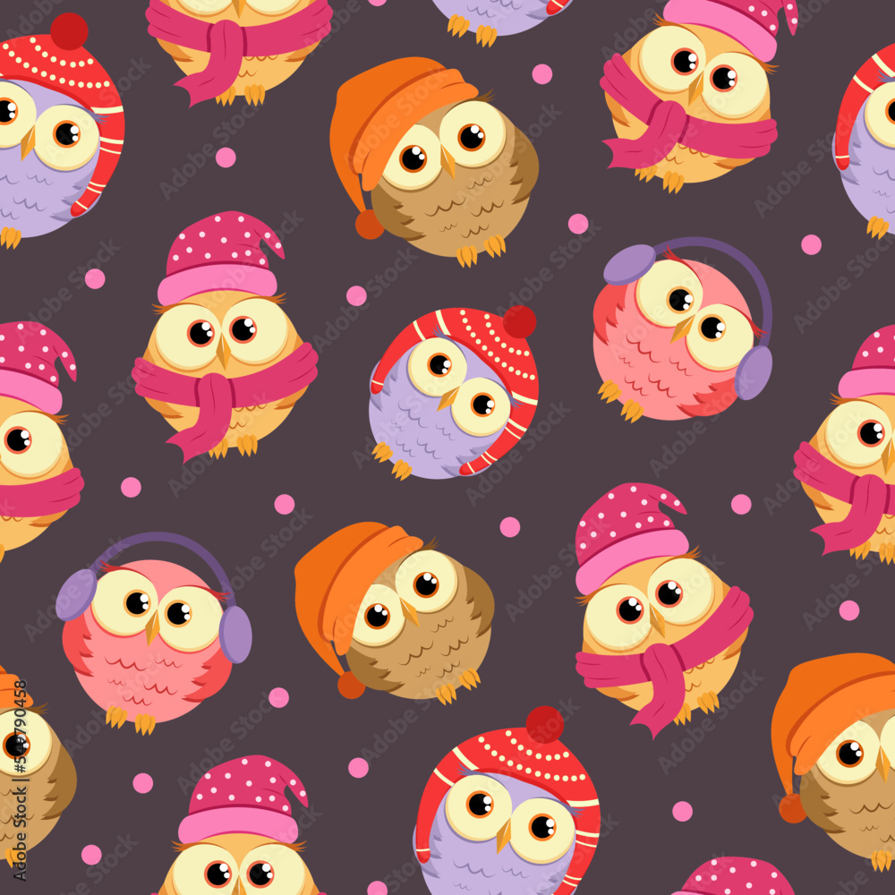 Obraz premium Cute seamless pattern with owls. Vector textile design for kids