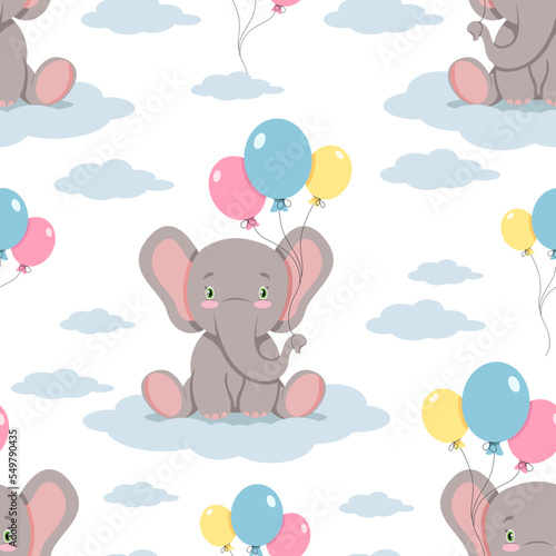 Fototapeta Naklejka Na Ścianę i Meble -  Cute elephant with balloons seamless pattern. Kids textile design vector.
