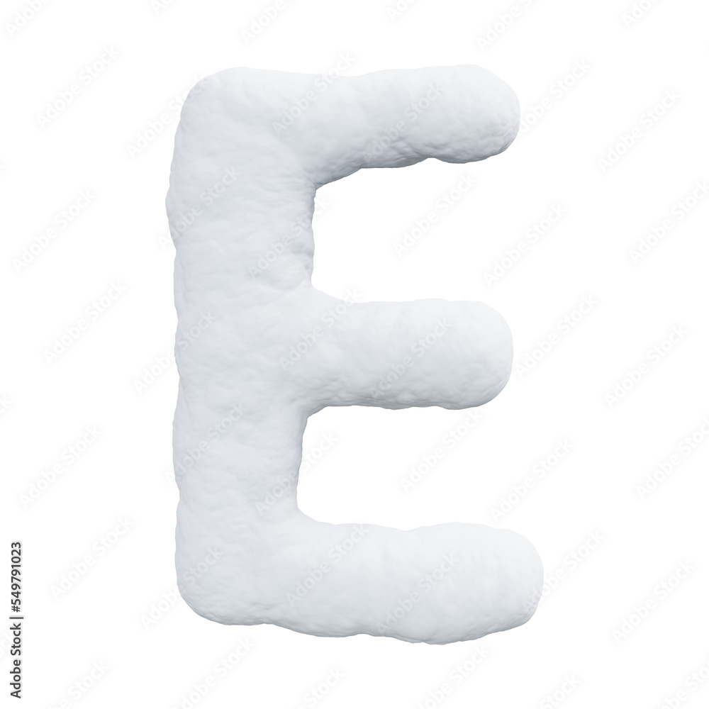 Letter E made of snow. Winter font on a white background. Realistic 3D render Letter E made of snow. Winter font on a white background. Realistic 3D render
