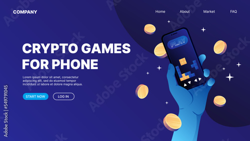 P2E Games. Blockchain VR Games. P2E Crypto Games Landing Page Concept. Vector illustration photo