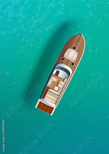 Motor boat on the water. Vector illustration of realistic motor boat on sea water with shadow. Sketch for creativity. © Evgeniy