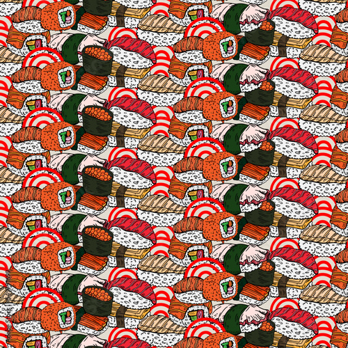 Sushi and rolls seamless pattern isolated on white background