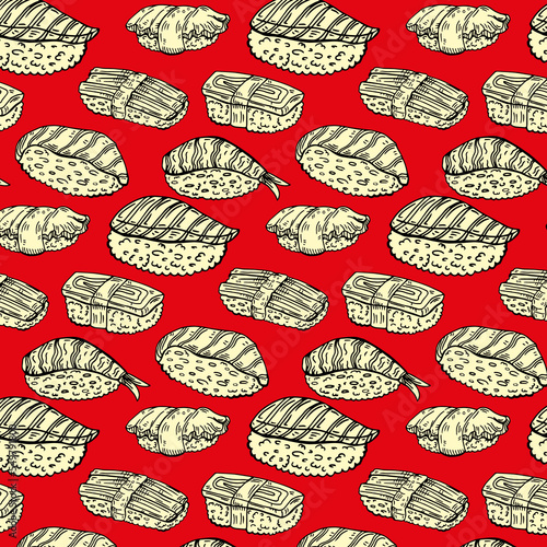 Sushi and rolls seamless pattern isolated on white background