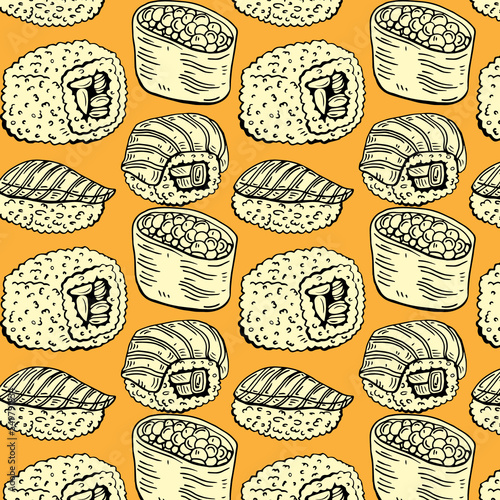 Sushi and rolls seamless pattern isolated on white background