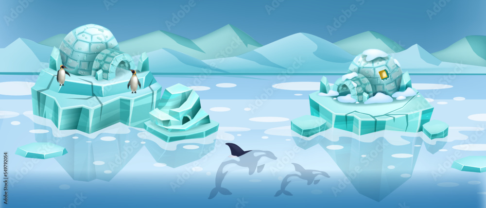 Naklejka premium North frozen landscape, vector igloo house global warming banner, ice island, penguin, orca whale. Cartoon iceberg game background, blue antarctic glacier, cold water. North landscape, mountains