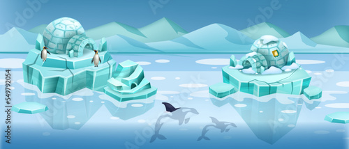 North frozen landscape, vector igloo house global warming banner, ice island, penguin, orca whale. Cartoon iceberg game background, blue antarctic glacier, cold water. North landscape, mountains