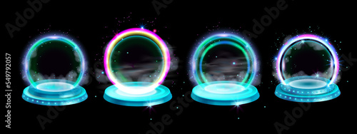 Glow portal set, technology digital teleport, vector game magic neon circles, light hologram scene. Sci-fi cyberpunk platform beams, future travel round pedestal energy hole. Space game portal clipart