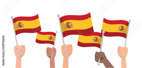 Hands with spain flag isolated on white background. People hold spain flag.Vector stock