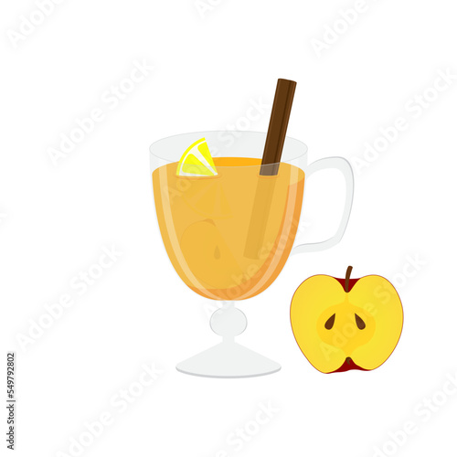 A glass of apple punch with cinnamon and lemon in a cartoon style. Vector illustration on white background