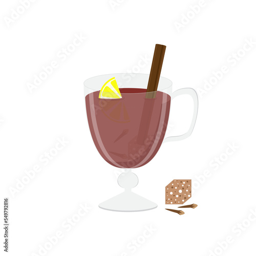 Glass of grog with cinnamon, cloves and lemon in cartoon style. Vector illustration on white background