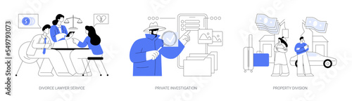 Legal service and investigation abstract concept vector illustrations.