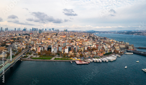 Istanbul historic centre with Galata bridge and mosques. Galata Tower. Drone view. Istanbul, Turkey