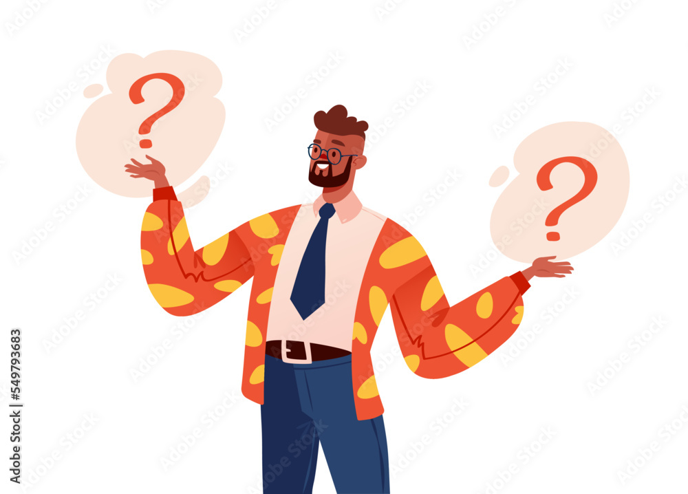 Choice, prioritization, concept of decision. Puzzled young man doubts, makes decision, ponders, analyzes two options. Flat vector illustration in cartoon style, isolated on white background