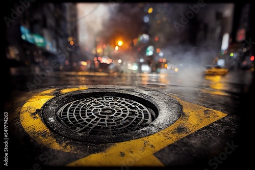 Murais de parede A manhole of Manhattan in New York, United States is shown in blurred colour during nighttime