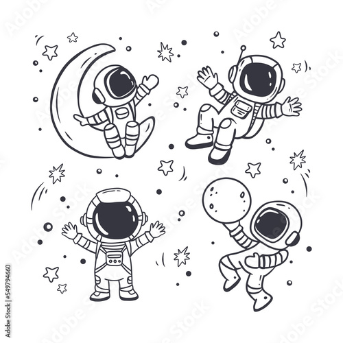 set of cartoon astronauts isolated on white background.Doodle style,coloring book.Vector illustration