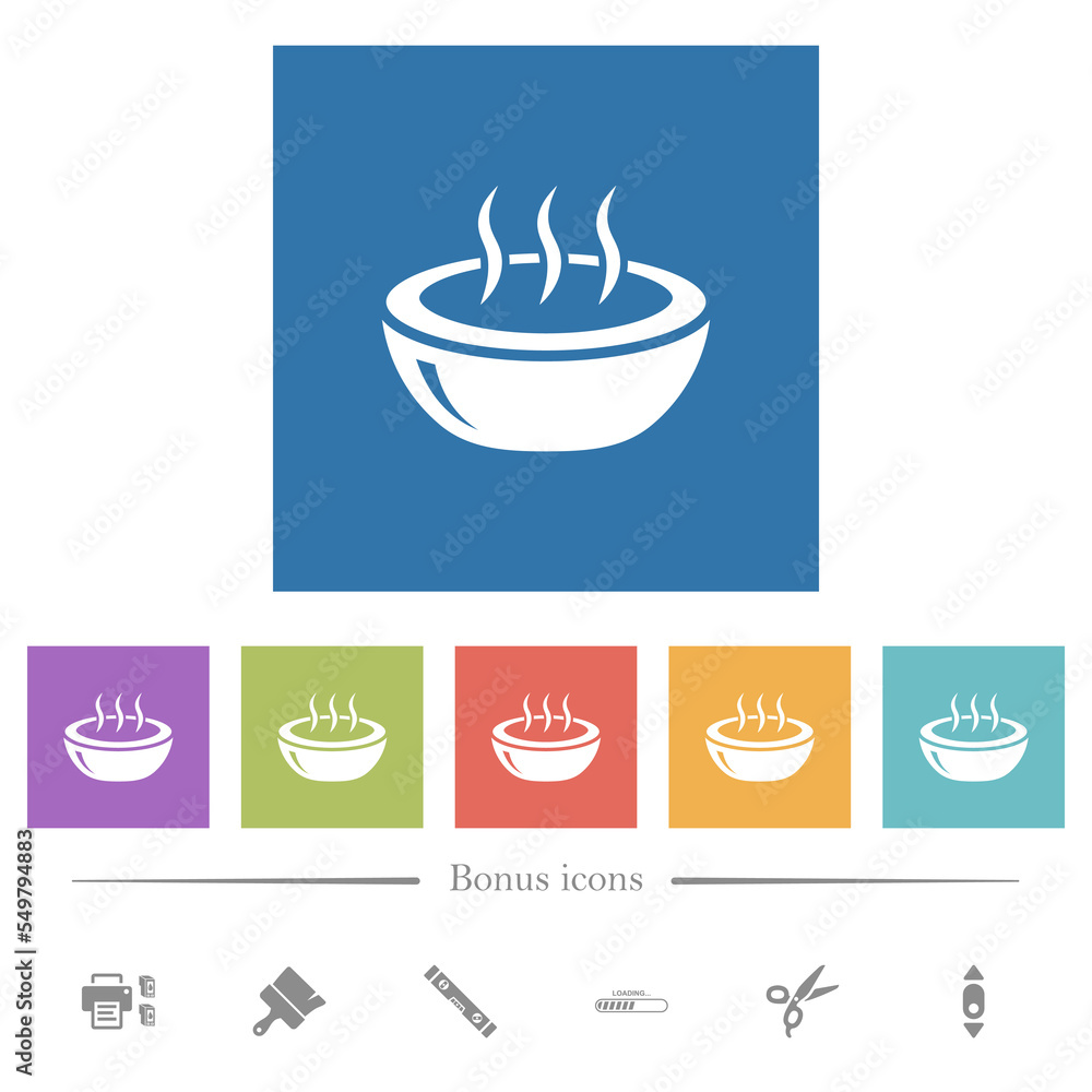 Glossy steaming bowl flat white icons in square backgrounds Glossy steaming bowl flat white icons in square backgrounds