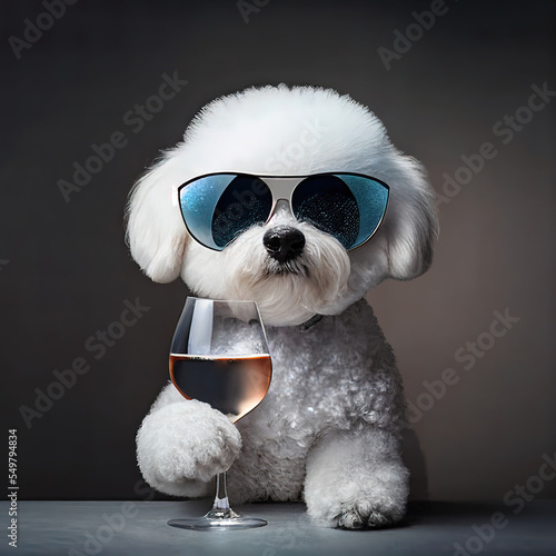 Lustiger Hund Bichon Frise mit Sonnenbrille und Sektglas in der Pfote, 3D Illustration  © Stephan