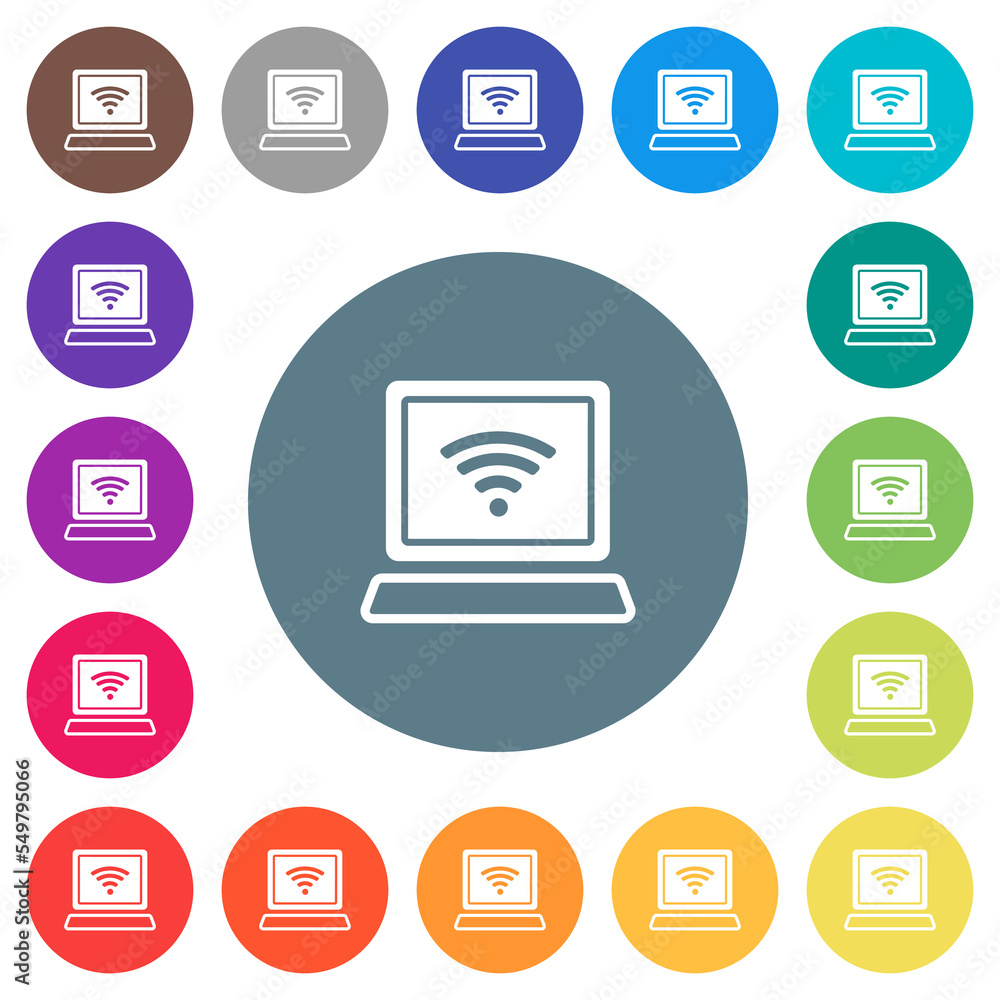 Laptop computer with wireless symbol alternate flat white icons on round color backgrounds Laptop computer with wireless symbol alternate flat white icons on round color backgrounds