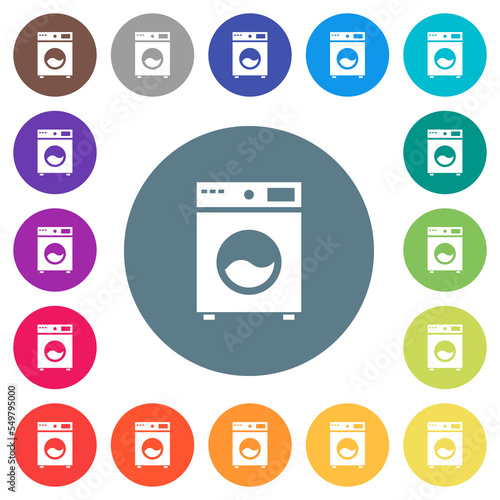 Washing machine flat white icons on round color backgrounds