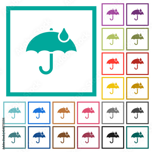 Umbrella with single raindrop solid flat color icons with quadrant frames