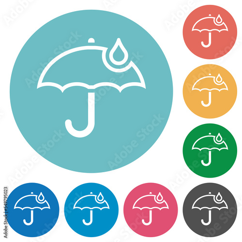 Umbrella with single raindrop outline flat round icons