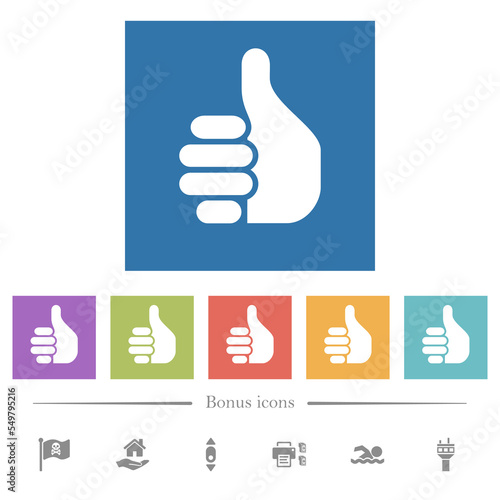 Right handed thumbs up solid flat white icons in square backgrounds
