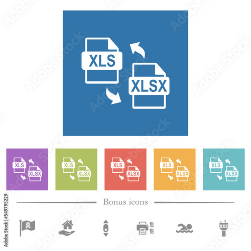 XLS XLSX file conversion flat white icons in square backgrounds