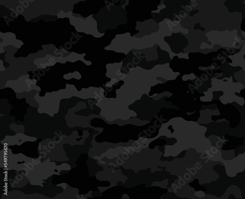  Black camo seamless texture disguise, night dark pattern, trendy vector graphic