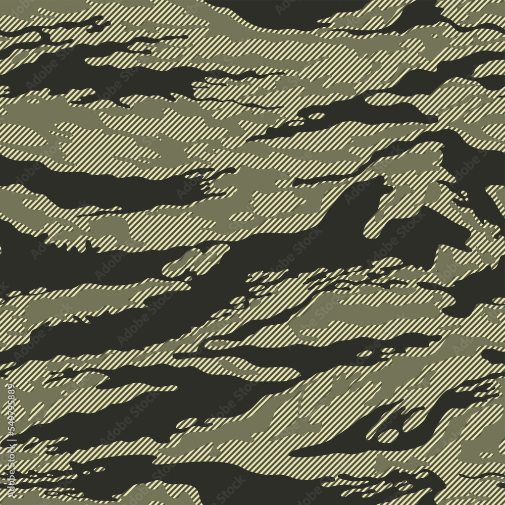 
Green linear camouflage, abstract texture, military seamless pattern.