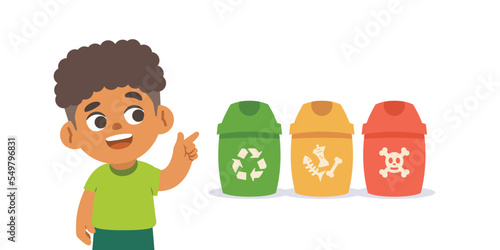 a black boy known about kind of trash bins. illustration cartoon character vector design on white background.