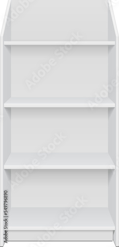 Mockup Blank Empty Showcase Display With Retail Shelves. Front View 3D. Illustration Isolated On White Background. Mock Up Template Ready For Your Design. Product Advertising. Vector EPS10