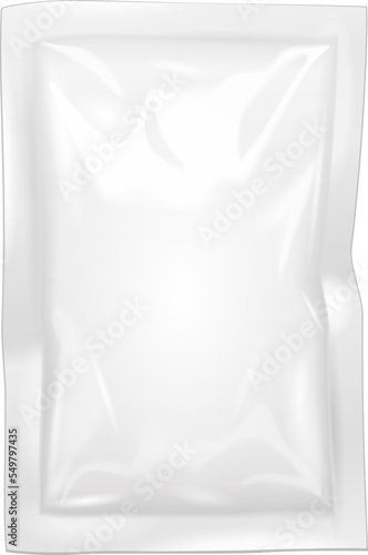 Mockup Blank Filled Retort Foil Flexible Pouch Bag Packaging. For Condoms, Medicine Drugs Or Food Product. Illustration Isolated On White Background. Mock Up Template Ready For Your Design.