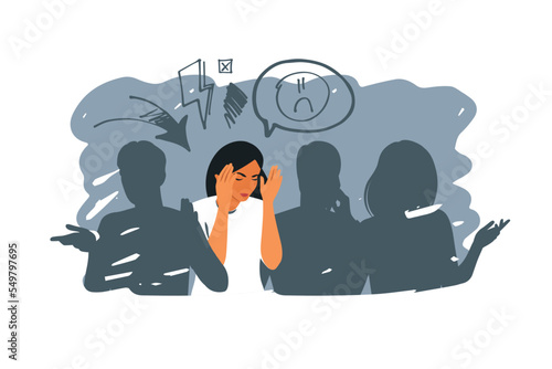 Anxiety disorder, social phobia, psychology concept. Sad young girl surrounded by people silhouettes feel lonely in society. Vector illustration.