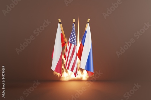 Flag of Russia, USA and Poland. The concept of diplomacy and international relations between Poland, the United States and Russia. Conflict and Russian war with Ukraine. 3D render, 3D illustration. photo