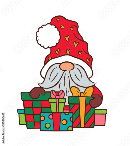 Cute Christmas gnome with gift boxes. Cartoon Scandinavian elf Tomte character vector illustration. Little Swedish gnome doodle. Traditional red green Xmas colors. Fun nordic dwarf Xmas drawing.