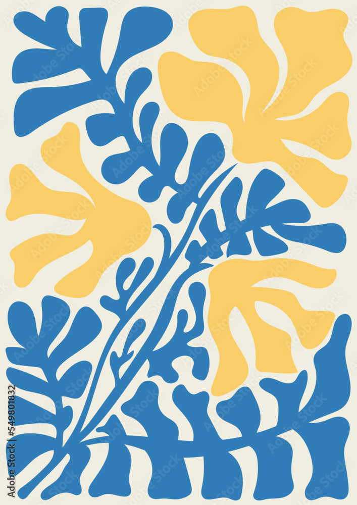 Naklejka premium Trendy floral retro poster. Abstract blossom print in naive art style. Seventies, groovy background. Decorative contemporary botanical elements. Hippie Aesthetic. Hand-drawn vector Illustration