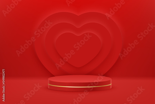 Red podium with heart shaped frames. Mockup vector scene of geometry shape platform. Holiday banner illustration on red background. Valentines day festive heart shaped decoratio