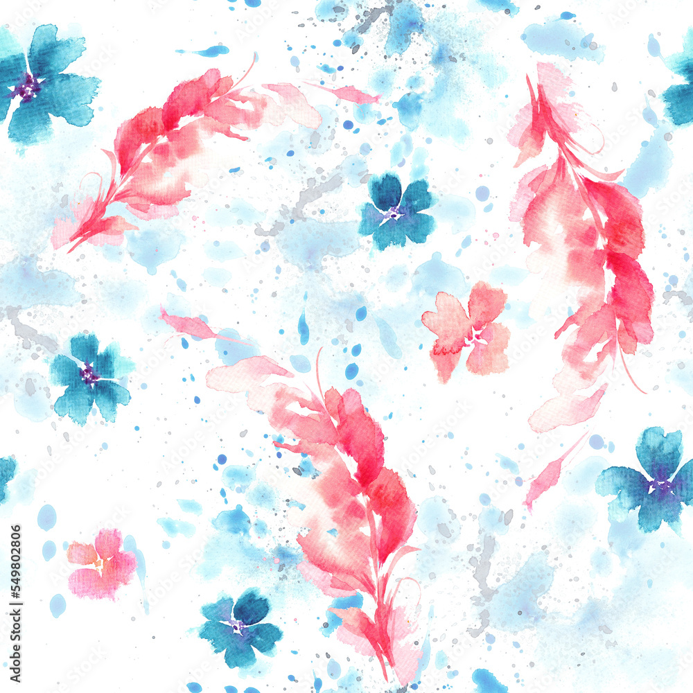 Seamless pattern with feathers and flowers with splatter on white background. Seamless pattern with feathers and flowers with splatter on white background.