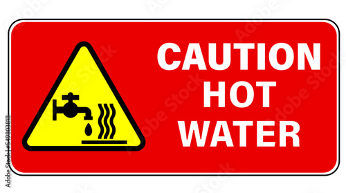 Caution, hot water. Warning yellow triangle sign with symbols of tap and heat on red background. Text by side.