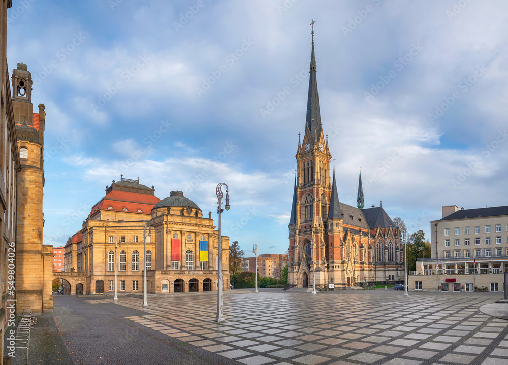 Chemnitz, Germany. View of  Theaterplatz square with buildings of opera and Petrikirche church