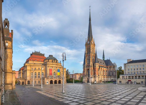 Chemnitz, Germany. View of Theaterplatz square with buildings of opera and Petrikirche church