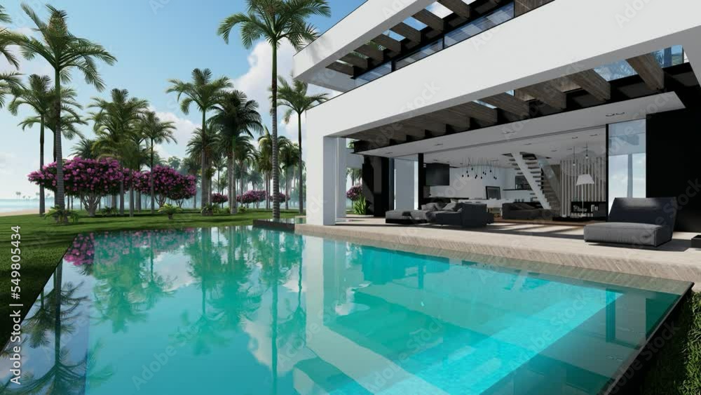 4K video rendering of modern cozy house with pool and parking for sale or rent in luxurious style by the sea or ocean. Sunny day by the coast with palm and flowers in tropical island Fly-walk 4K video rendering of modern cozy house with pool and parking for sale or rent in luxurious style by the sea or ocean. Sunny day by the coast with palm and flowers in tropical island Fly-walk