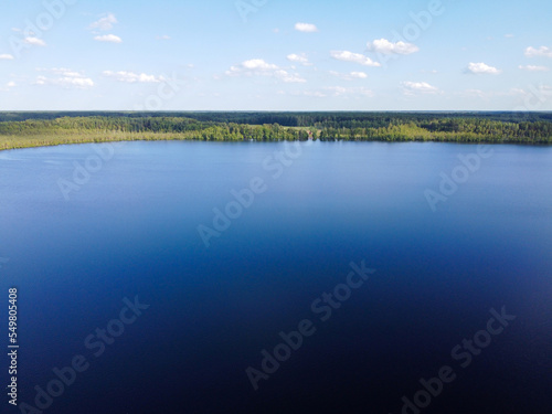 Lake water and green forest trees, aerial view. Summer landscape, beautiful nature, sunny day © mikeosphoto