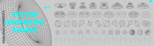 Collection of strange wireframes vector 3d geometric shapes, distortion and transformation of figure, set of different linear form inspired by brutalism, graphic design elements, set 4