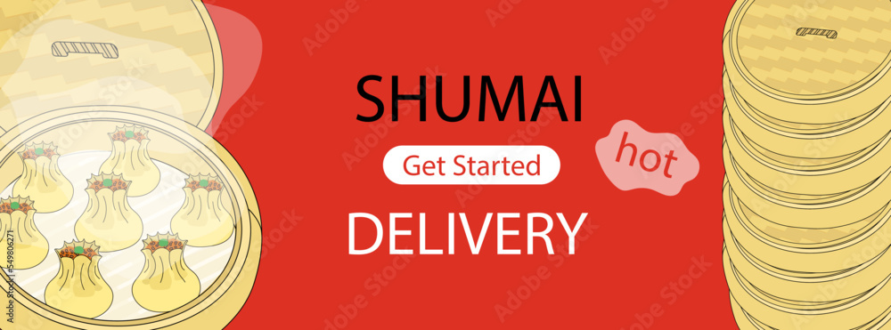 Shumai delivery page with hot dumplings in bamboo steamer vector illustration. Siu mai and stack of bamboo steamers isolated on red. Traditional Chinese food banner