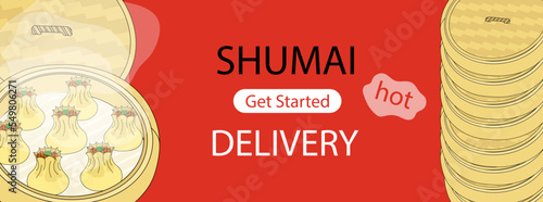 Shumai delivery page with hot dumplings in bamboo steamer vector illustration. Siu mai and stack of bamboo steamers isolated on red. Traditional Chinese food banner