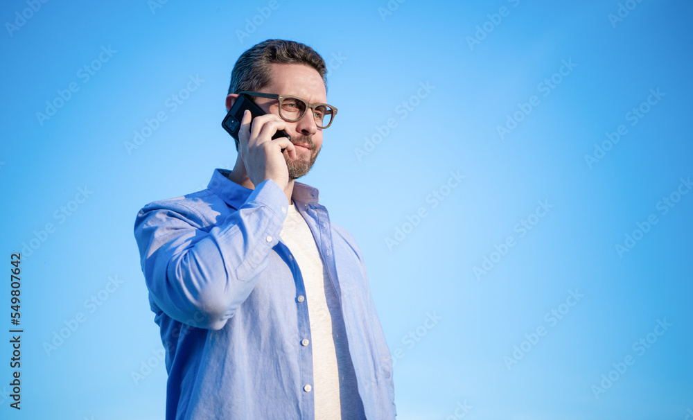 communication of man in glasses talk on phone. man talking on phone. man communication talk communication of man in glasses talk on phone. man talking on phone. man communication talk