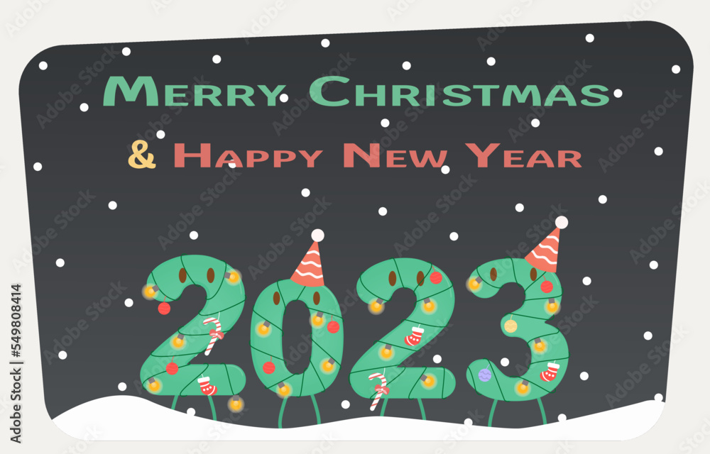 Fototapeta premium Merry Christmas and Happy New Year 2023 with falling snow. The 2023 character is decorated with various decorations and have fun. Vector illustration Eps10.