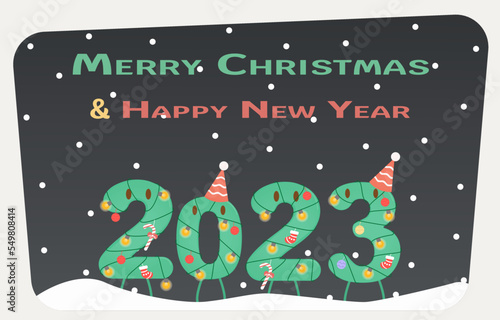 Merry Christmas and Happy New Year 2023 with falling snow. The 2023 character is decorated with various decorations and have fun. Vector illustration Eps10.
